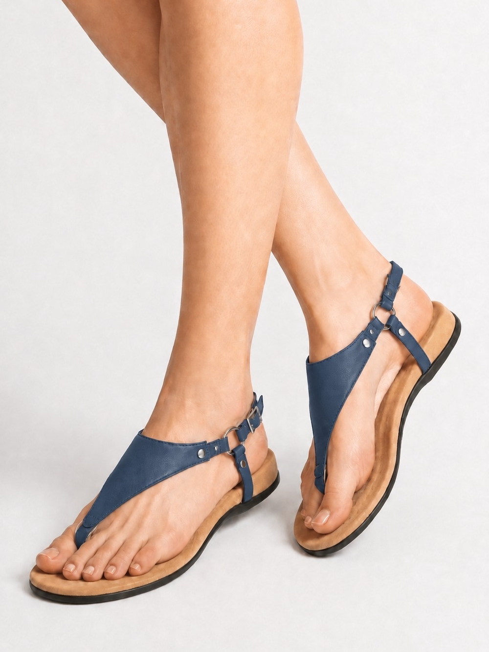 Vionic Kirra Leather Thong Sandals Navy Blue Orthotic Comfort shoes Size 7